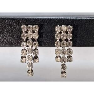 Vintage 3 strand Tier Dangly Rhinestone Silver Clip On Earrings with twist backs